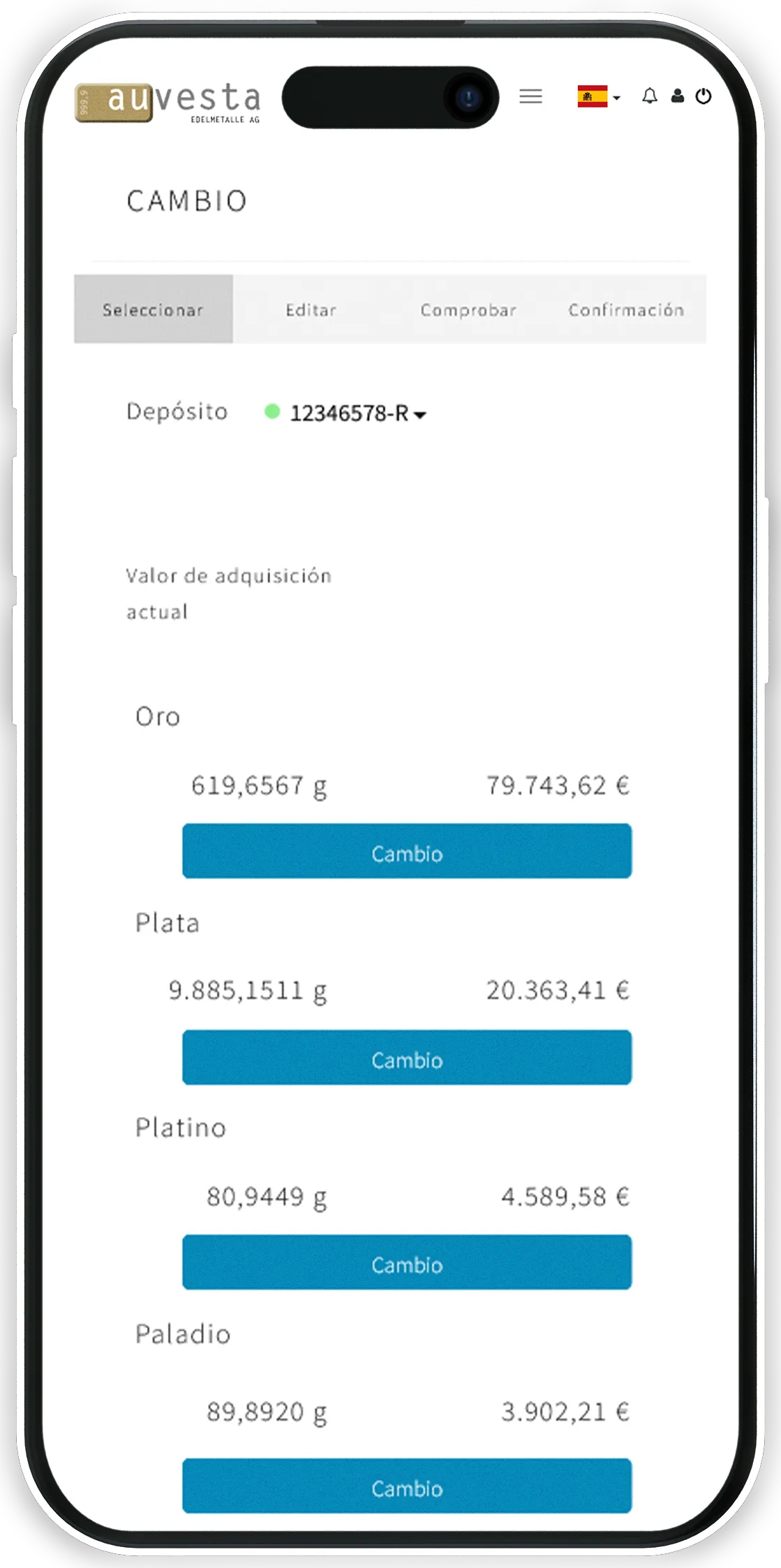 Cambio - Cámbielo Online por otros metales preciosos